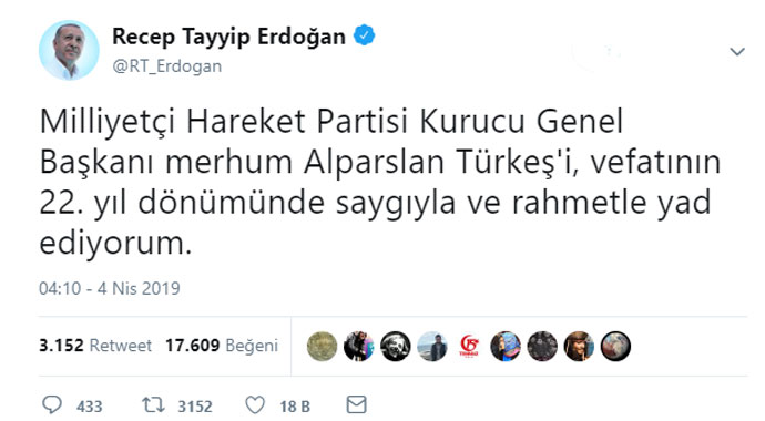Cumhurbaşkanı Erdoğan'dan Türkeş paylaşımı