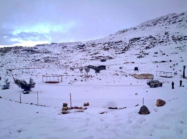 Suudi Arabistan'da çöle aniden kar yağdı