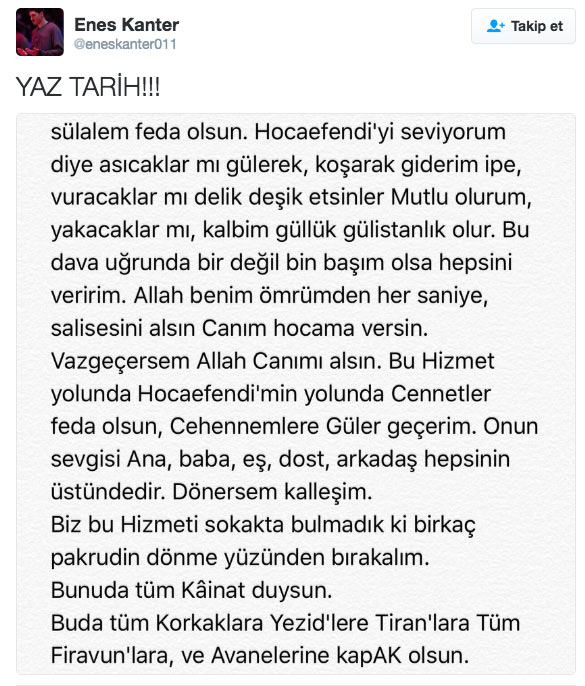 Enes Kanter zıvanadan çıktı, FETÖ'ye biat etti