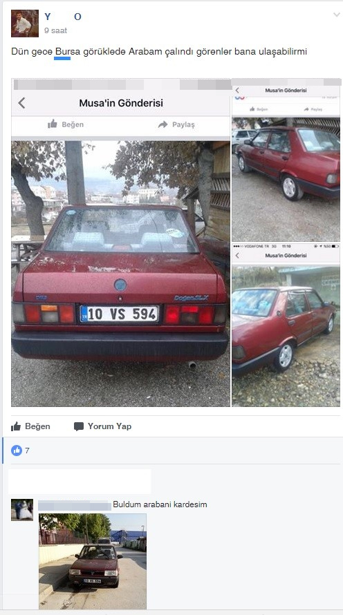 Çalınan arabasını sosyal medya sayesinde buldu