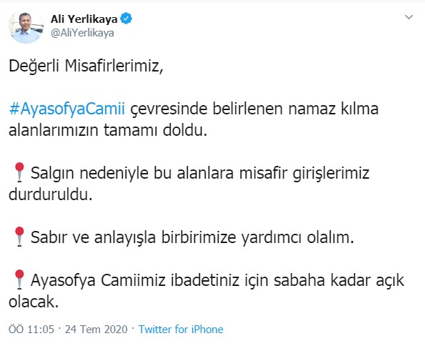 İstanbul Valisi Yerlikaya: Ayasofya'da namaz kılma alanlarının tamamı doldu