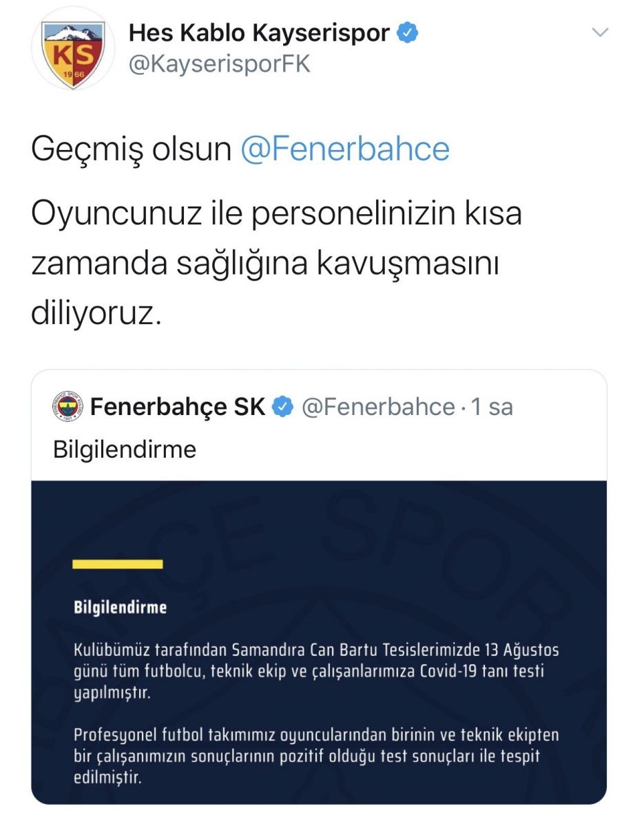 Kayserispor'dan Fenerbahçe'ye geçmiş olsun mesajı
