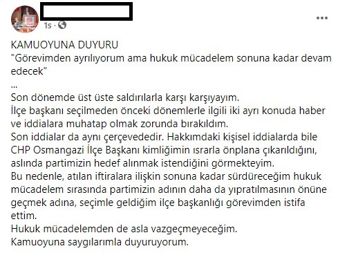 Taciz iddiaları ile gündeme gelen CHP Osmangazi İlçe Başkanı görevinden istifa etti