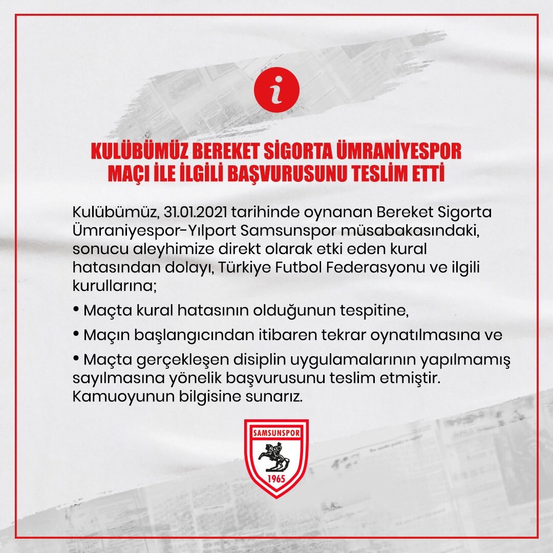 Samsunspor'dan TFF’ye 'maç tekrarı' başvurusu