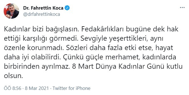 Bakan Koca'dan '8 Mart Dünya Kadınlar Günü' paylaşımı