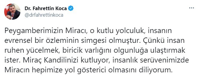 Bakan Koca'dan Miraç Kandili mesajı