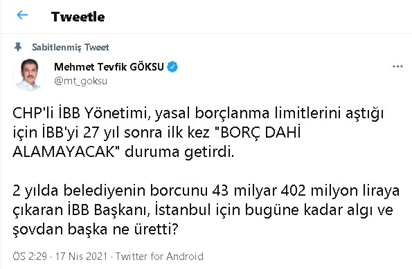 Göksu: İBB, 27 yıl sonra ilk kez borç dahi alamayacak duruma getirildi Göksu: İBB, 27 yıl sonra ilk kez borç dahi alamayacak duruma getirildi