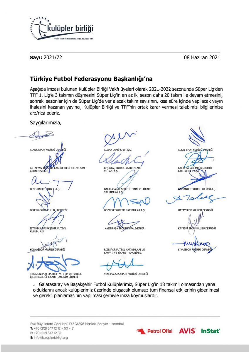 Kulüpler Birliği'nden TFF'ye: Süper Lig 2 sezon daha 20 takımla oynansın