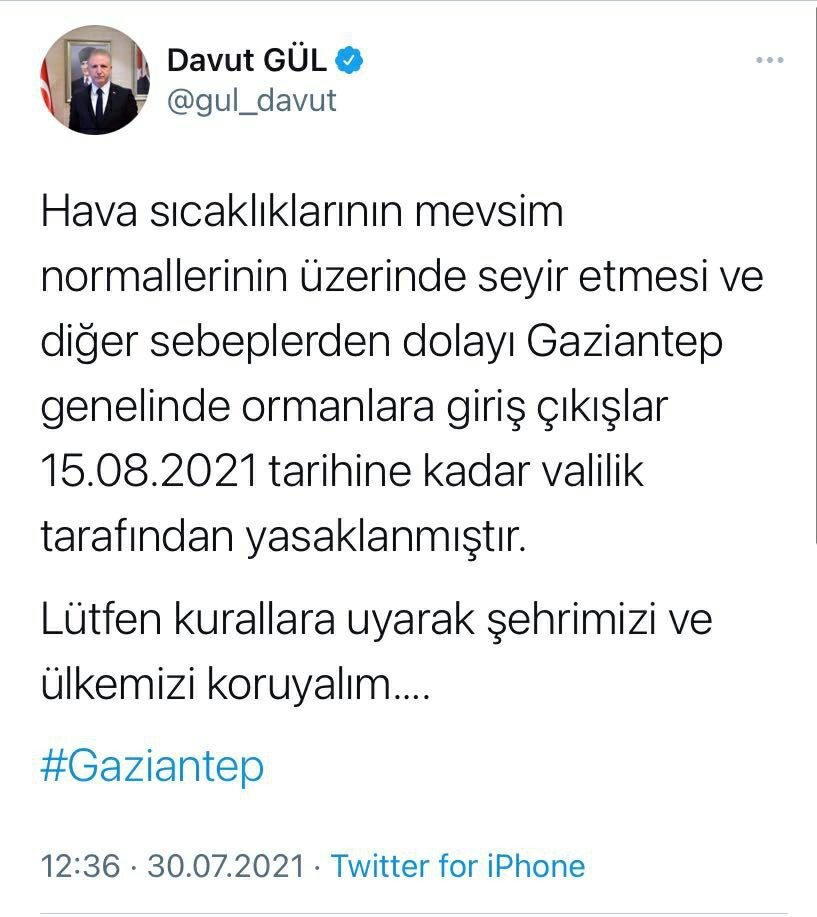 Gaziantep'te ormanlara giriş yasağı