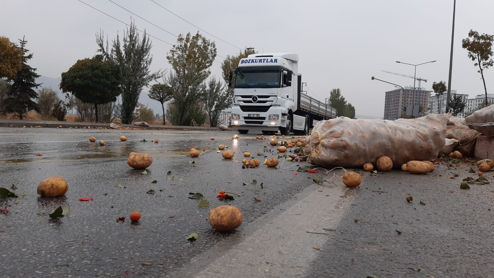 Tır devrildi, patatesler etrafa saçıldı