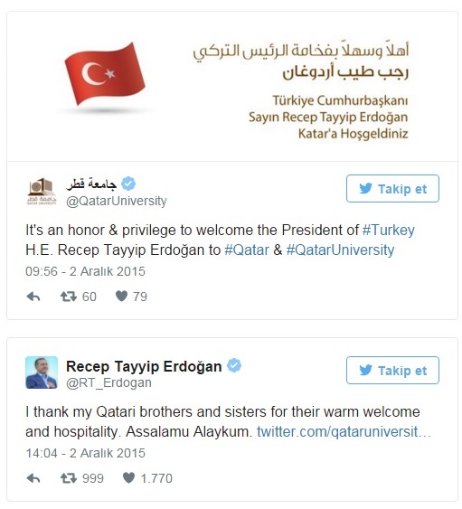 Erdoğan Katar'a tweetle teşekkür etti