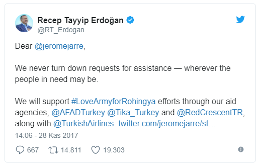 Erdoğan'dan 'Arakan için Sevgi Ordusu'na destek