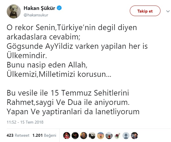 FETÖ'cü Hakan Şükür'ün tepki toplayan 15 Temmuz paylaşımı