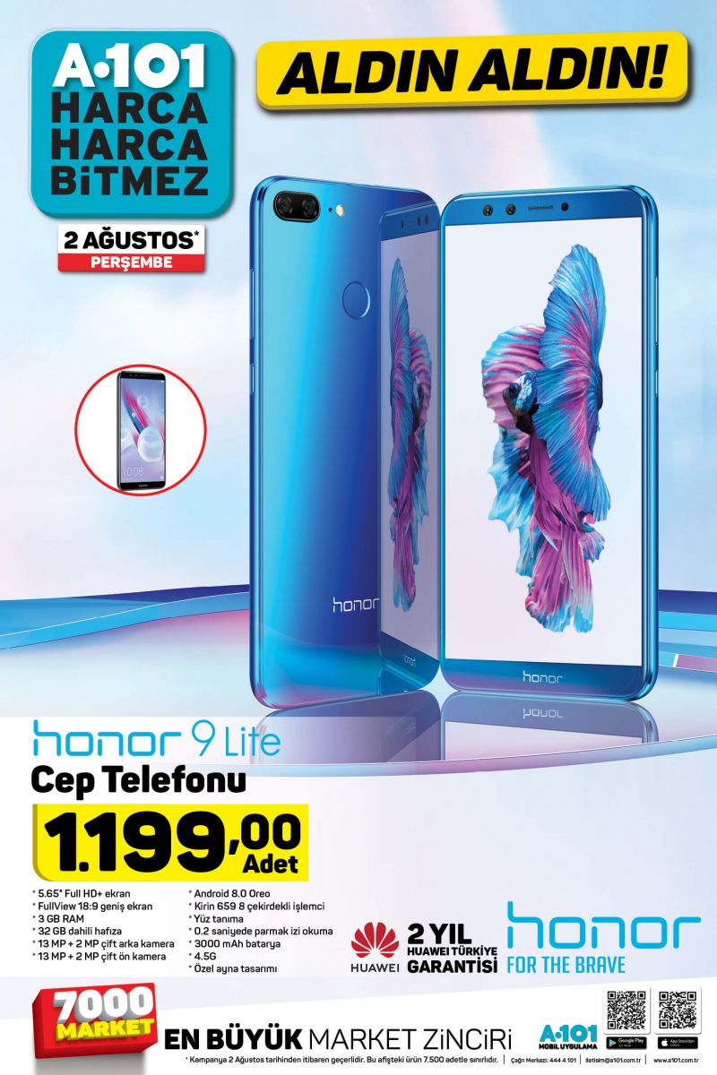 A101 aktüel İndirimler 2 sğustos Honor 9 Lite telefonu ve özellikleri
