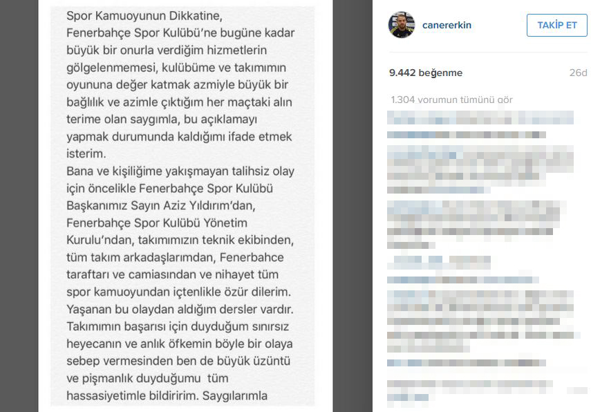 Fenerbahçeli Caner Erkin, kadro dışı kaldıktan sonra özür diledi