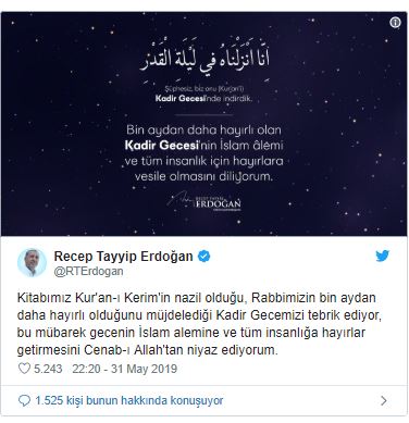 Cumhurbaşkanı Erdoğan'dan 'Kadir Gecesi' mesajı