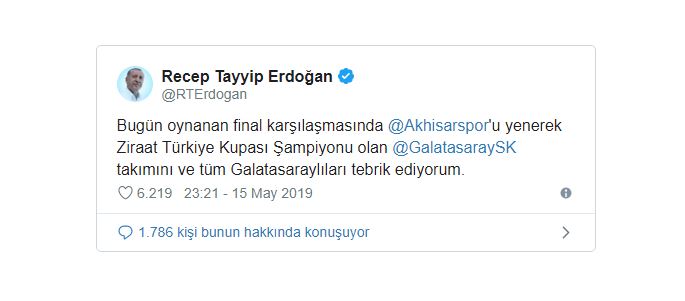 Cumhurbaşkanı Erdoğan'dan Galatasaray'a tebrik