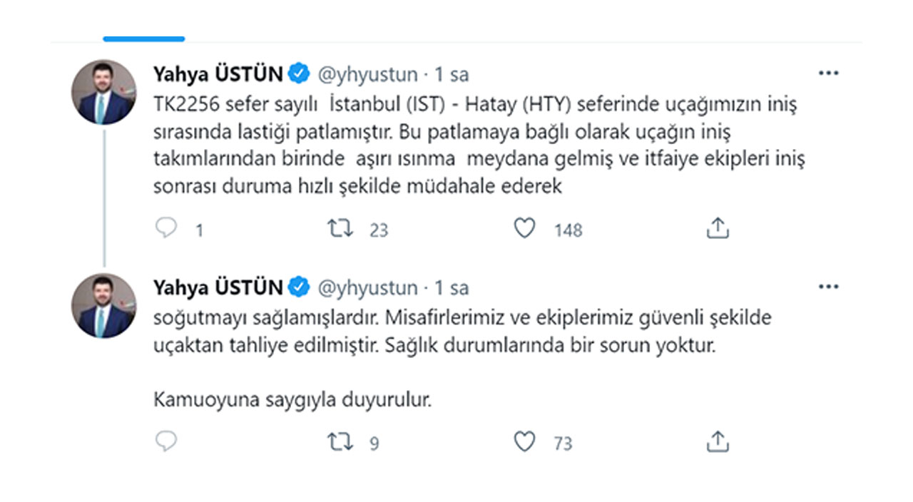 Hatay-İstanbul seferi yapan THY uçağında korkulu anlar! Lastik patladı: İlk açıklama geldi Hatay-İstanbul seferi yapan THY uçağında korkulu anlar! Lastik patladı: İlk açıklama geldi