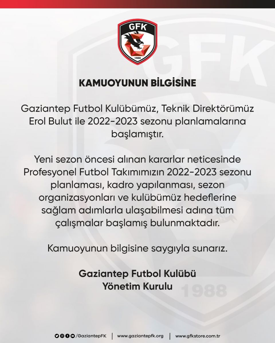 Gaziantep FK Erol Bulut yönetiminde yola devam etme kararı aldı Gaziantep FK Erol Bulut yönetiminde yola devam etme kararı aldı