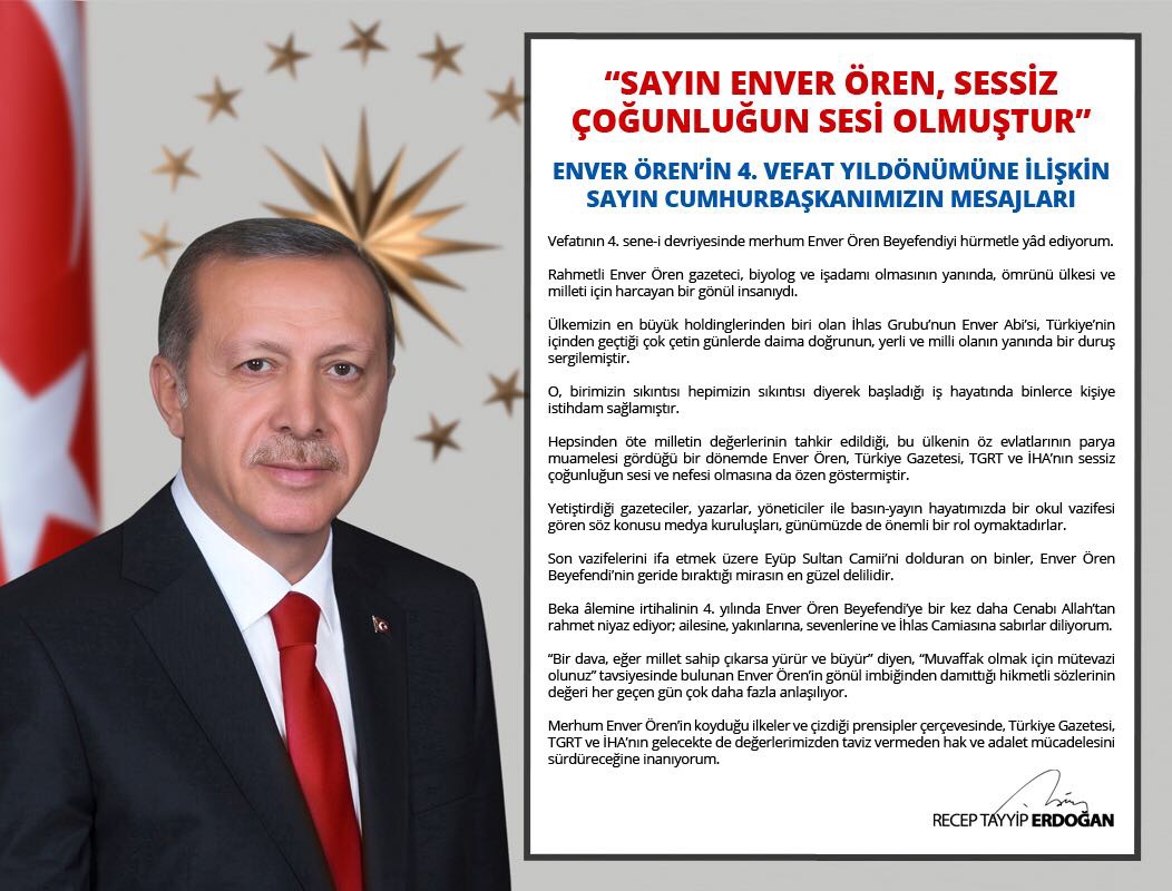 Cumhurbaşkanı Erdoğan: 'Sayın Enver Ören sessiz çoğunluğun sesi olmuştur'