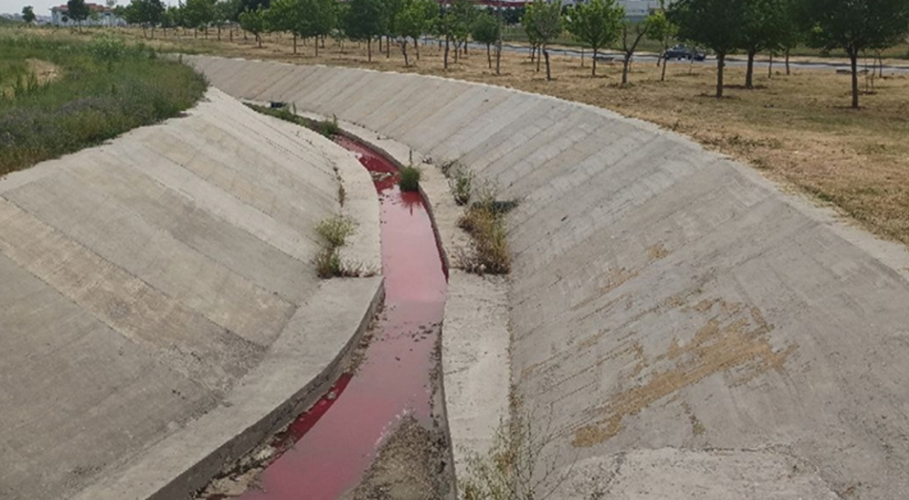 Tekirdağ'da korkutan görüntü! Kanalın suyu kırmızıya döndü