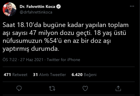 Toplam aşı oranı 47 milyonu aştı
