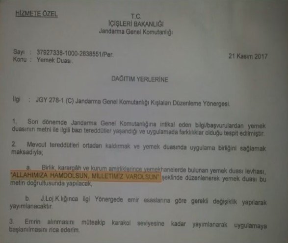 Jandarma Genel Komutanlığından yemek duası yönergesi