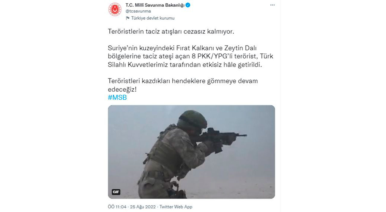 Fırat Kalkanı ve Zeytin Dali bölgesinde 8 terörist etkisiz