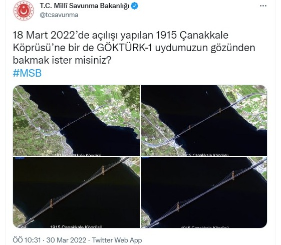 MSB, 1915 Çanakkale Köprüsü'nün uydu görüntülerini paylaştı MSB, 1915 Çanakkale Köprüsü'nün uydu görüntülerini paylaştı