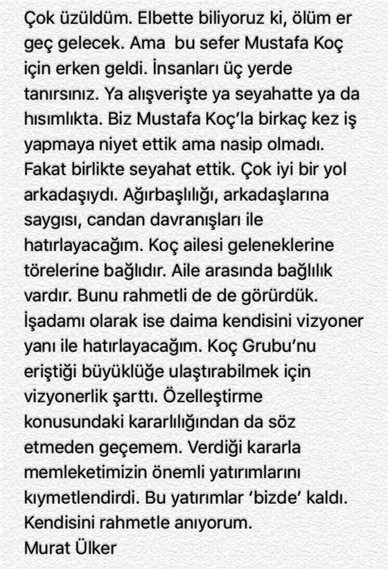 Murat Ülker'den Mustafa Koç mesajı