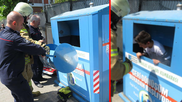 Oyuncak almak isterken geri dönüşüm kumbarasına düştü