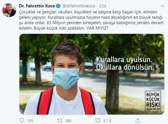 Sağlık Bakanı Koca'dan 'Kurallara uyulsun, okullara dönülsün' çağrısı