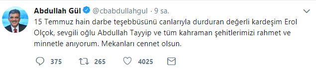 Abdullah Gül'den dikkat çeken 'darbe' paylaşımı