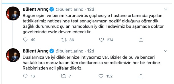 Bülent Arınç ve eşinin koronavirüs testi pozitif çıktı Bülent Arınç ve eşinin koronavirüs testi pozitif çıktı