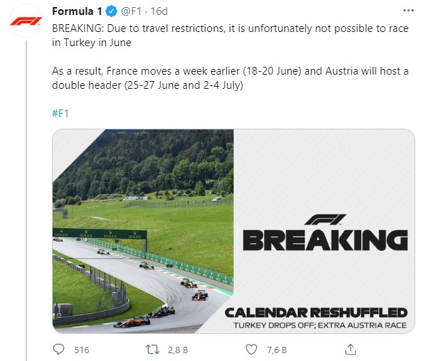 Son dakika.. Formula 1 Türkiye GP'si iptal edildi Son dakika.. Formula 1 Türkiye GP'si iptal edildi