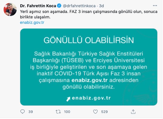 Bakan Koca'dan yerli aşı için gönüllülük çağrısı Bakan Koca'dan yerli aşı için gönüllülük çağrısı