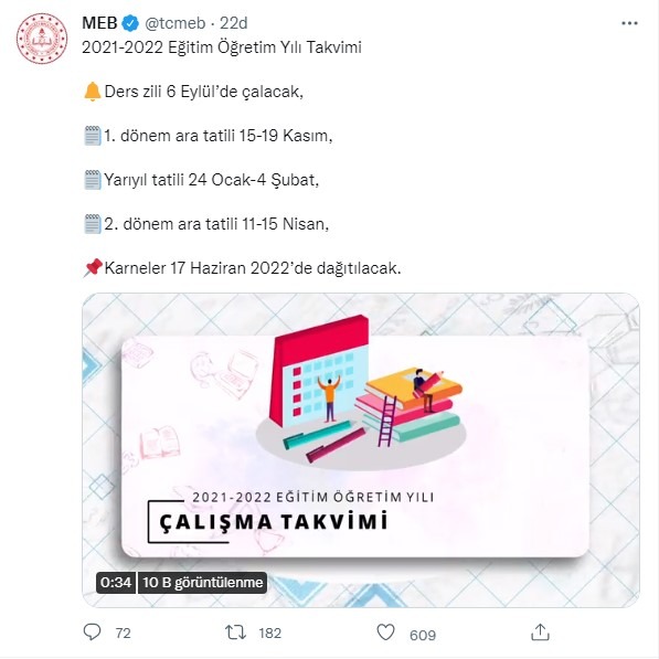 2021-2022 Eğitim Öğretim Yılı Takvimi belli oldu