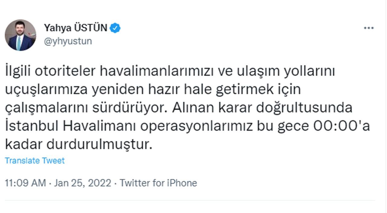THY'den İstanbul Havalimanı kararı: Uçuşlar 00.00'a kadar durduruldu THY'den İstanbul Havalimanı kararı: Uçuşlar 00.00'a kadar durduruldu