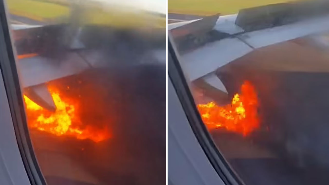 Havaalanında panik! Kalkış sırasında uçağın motoru yandı Havaalanında panik! Kalkış sırasında uçağın motoru yandı