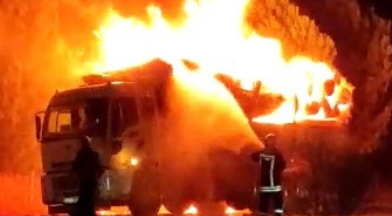 Tomruk yüklü kamyon alev topuna döndü