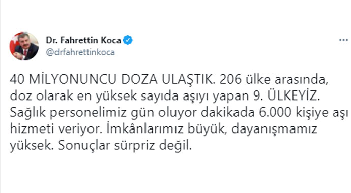 Türkiye'de uygulanan aşı miktarı 40 milyonu aştı Türkiye'de uygulanan aşı miktarı 40 milyonu aştı