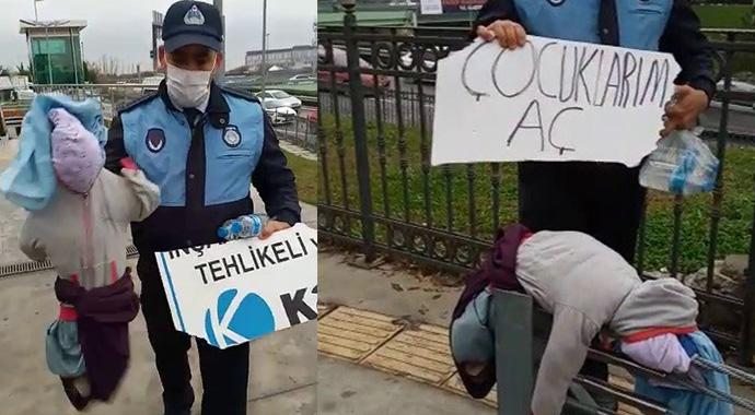 Kucağında bez bebek ile dilencilik yapan kadının foyası ortaya çıktı