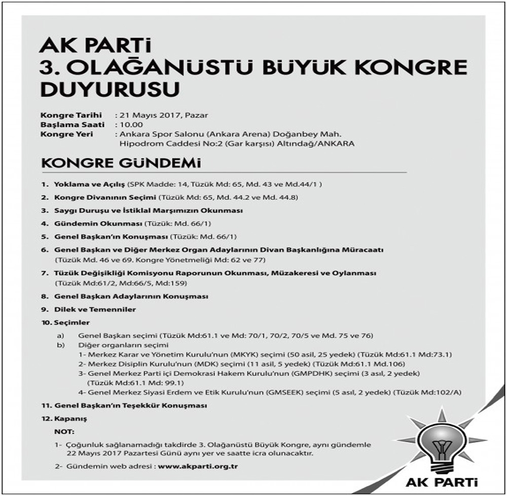 Olağanüstü Büyük Kongre programı açıklandı