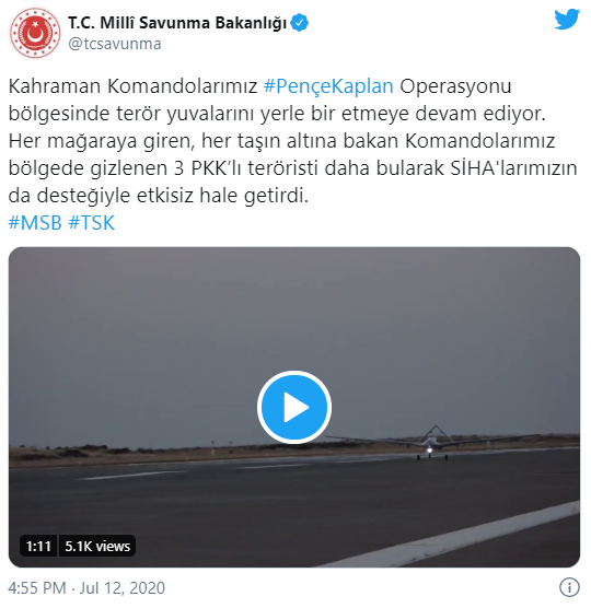 Pençe-Kaplan Operasyonu bölgesinde PKK'lı 3 terörist SİHA'ların desteğiyle etkisiz hale getirildi