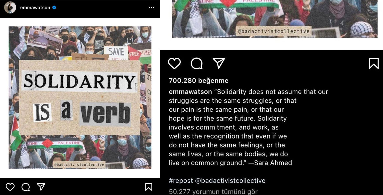 Harry Potter'ın yıldızı Emma Watson'dan Filistin paylaşımı Harry Potter'ın yıldızı Emma Watson'dan Filistin paylaşımı