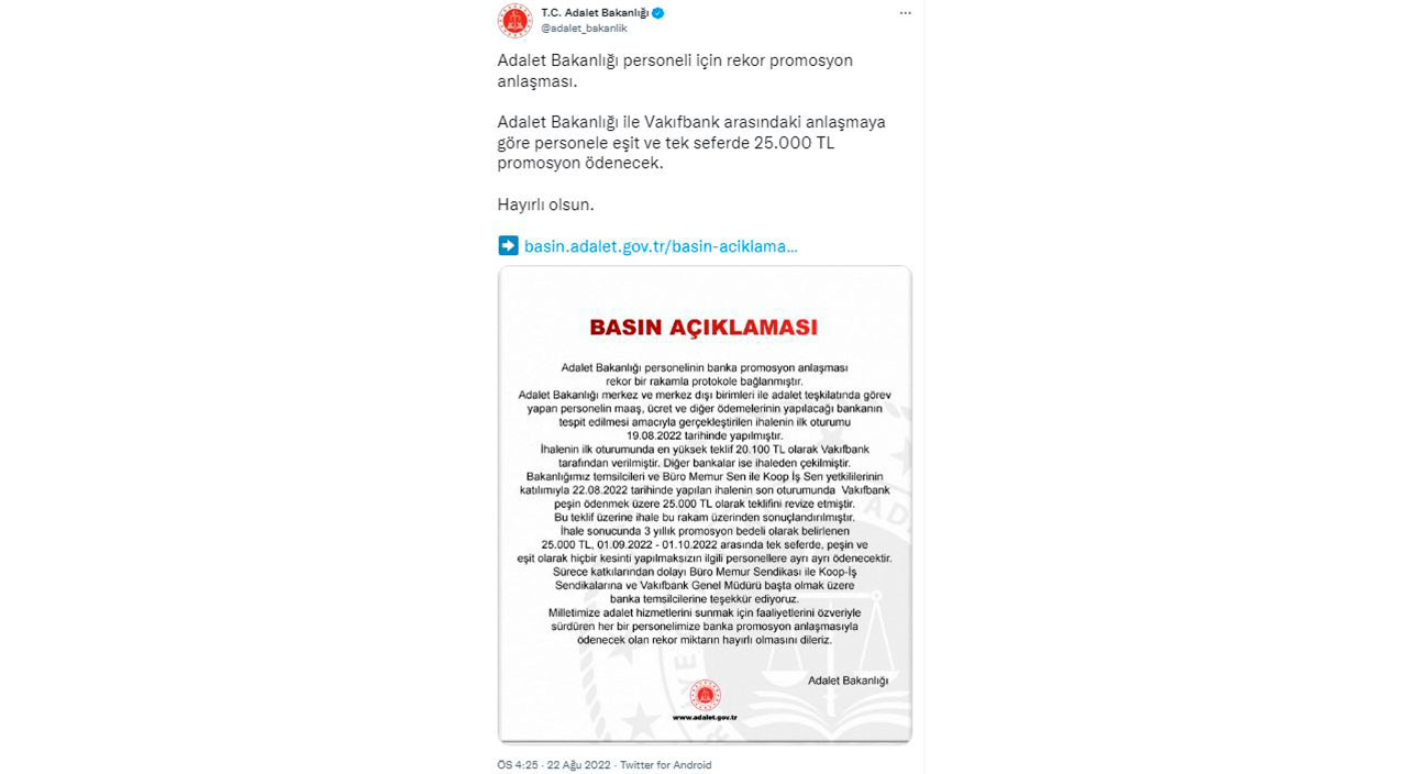 Adalet Bakanlığı'ndan rekor promosyon: Personele 25 bin lira