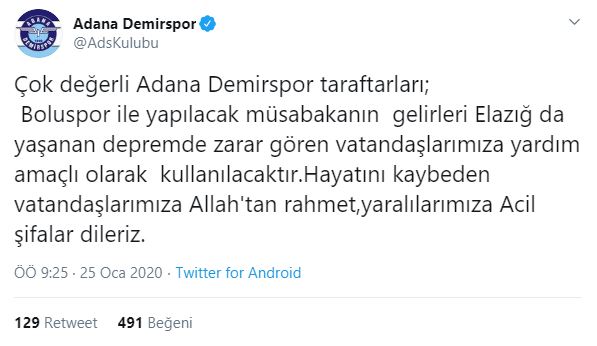 Adana Demirspor, Boluspor maçının tribün gelirini deprem bölgesine gönderecek