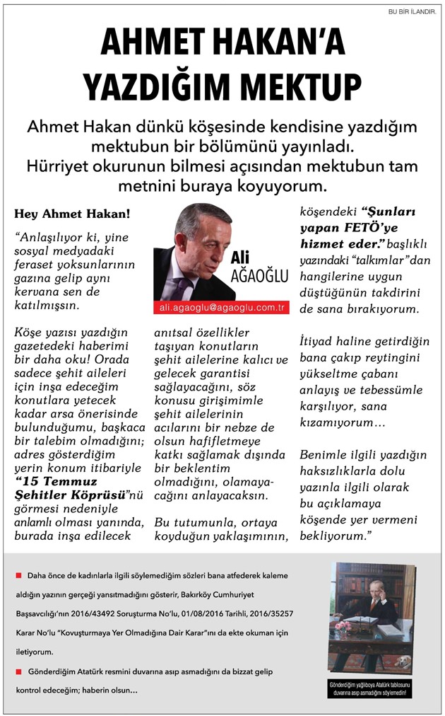 Ahmet Hakan'a kızan Ali Ağaoğlu köşe yazısı formatında ilan verdi