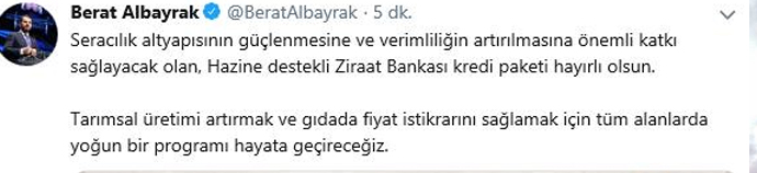 Bakan Albayrak'tan tarımsal üretime Twitter'dan destek açıklaması