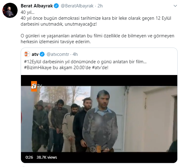 Bakan Albayrak'tan 12 Eylül paylaşımı